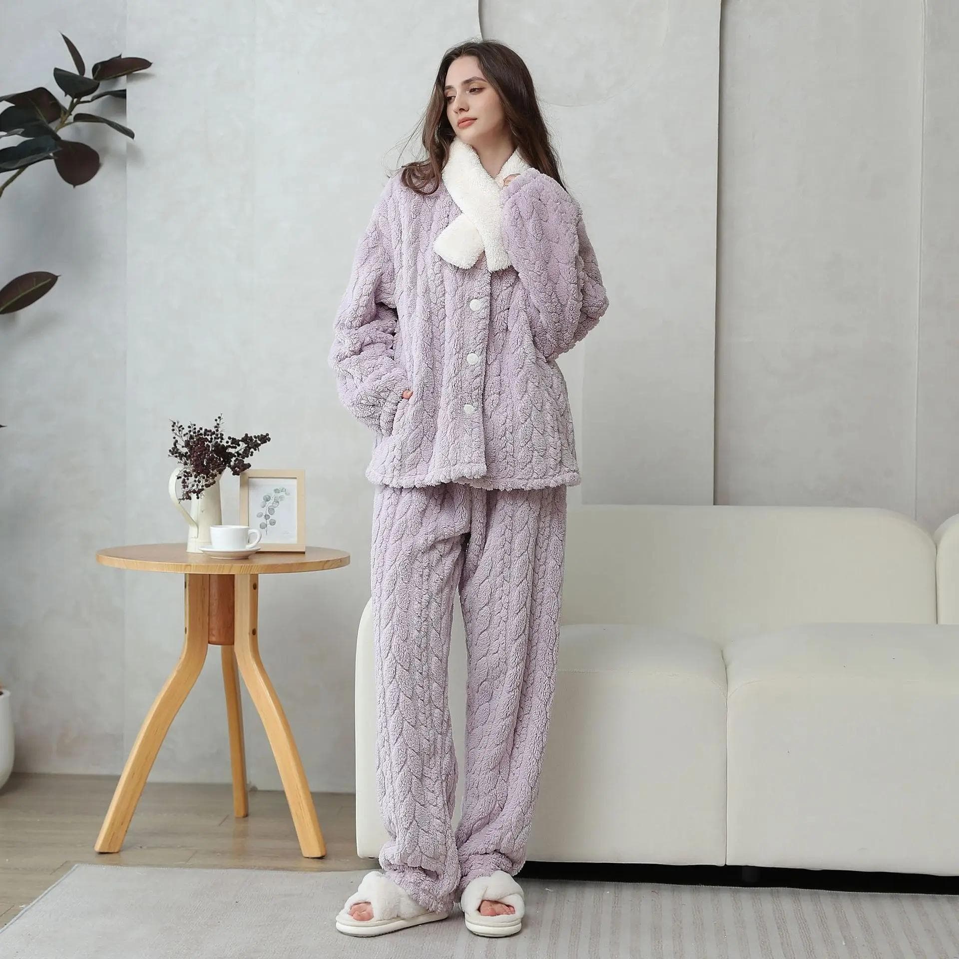 Women's Soft Coral Fleece Pajama Long Top and Pants 2 Piece Pajamas Pink Jacquard Pajama Set Thickened Lounge Clothes Lounge Clothes XL purple
