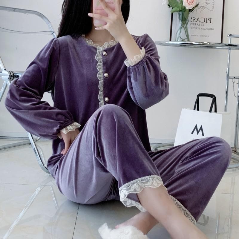 Female Velvet Pajamas Two Piece Set Autumn Winter Velour Sleepwear Long Sleeve Trouser Suits Elegant French Homewear Lounge Wear XL