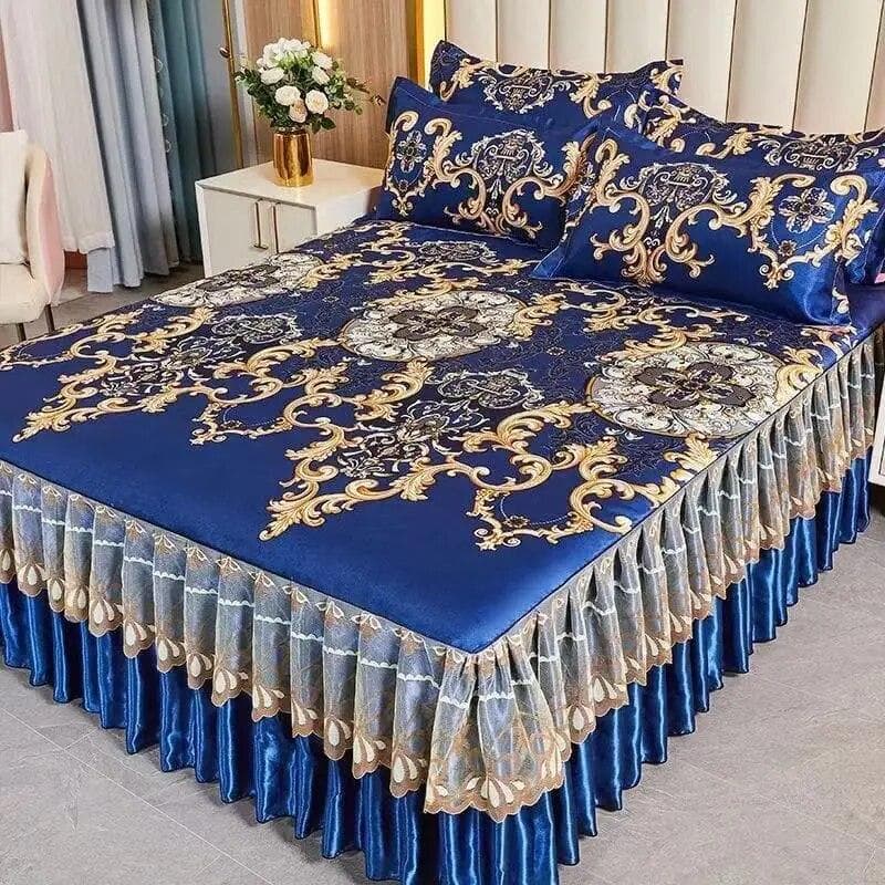 3Pcs/Lot Double Bed Sheet Set Classic Lace Royal Blue Bed Sheet Bed Skirt, Machine Washable Wedding Bedspread Mattress Cover 150X200CM
