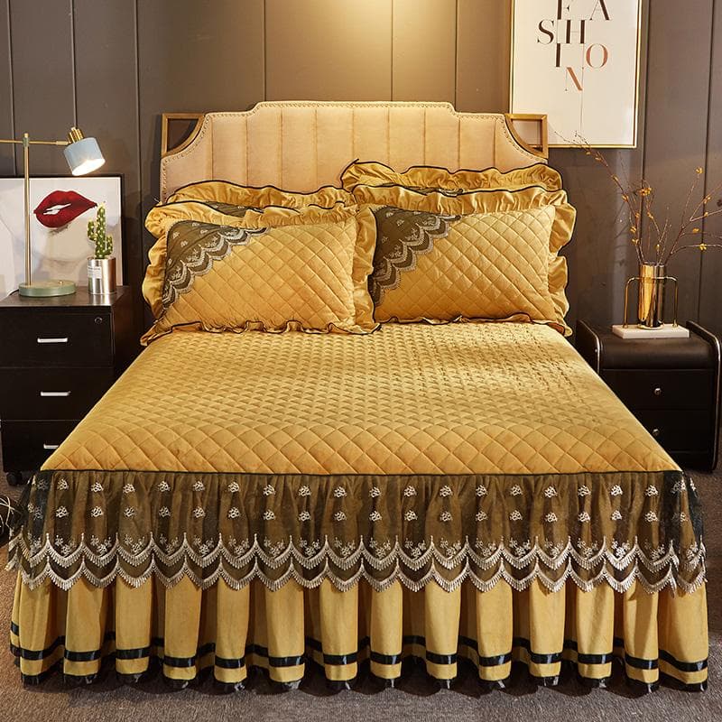 Dark Blue Luxury Lace Winter Bedspread Thick Home Bed Skirt-style Bed Sheets Embroidery Cotton European-style Bed Spreads 200x220cm 3pcs