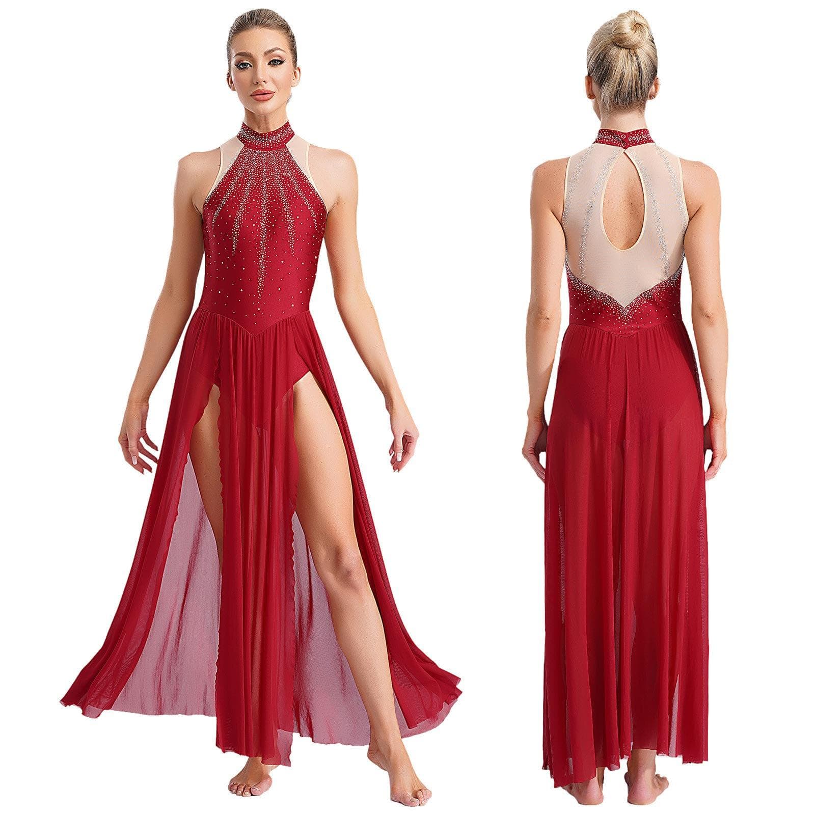 Women Modern Lyrical Dance Dress Sleeveless Split Sheer Mesh Ballet Gymnastics Leotard Dress Contemporary Performance Dancewear XL burgundy
