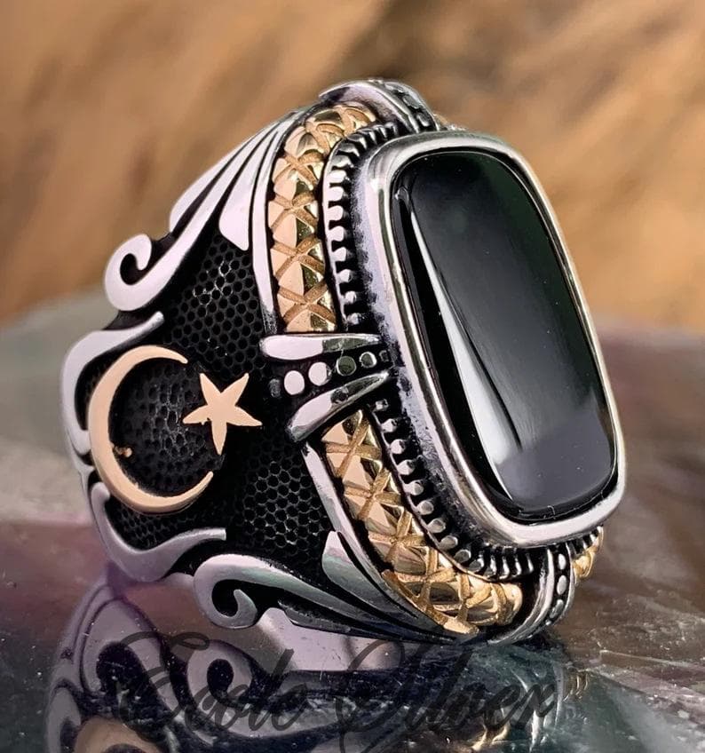 Retro Handmade Turkish Signet Rings For Men Ancient Silver Color Carved Eagle Ring Mystic Zircon Inlay New Punk Motor Biker Ring 13