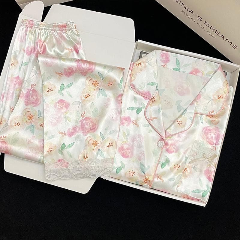 Pajamas Women's Silk Long-sleeved Pajamas Pajamas Suit Flower Printed High-grade Ice Silk Can Be Worn Outside Home Wear Pajamas XL