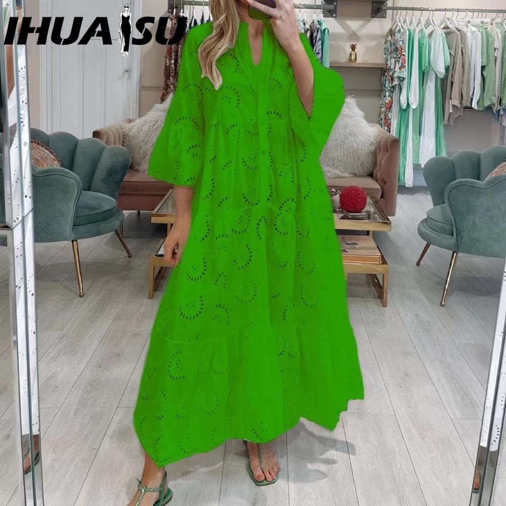 IHUASU 8 Colors S-5XL Women's Fashion Summer Spring Solid Color Print 3/4 Sleeve V-Neck Casual Dresses M green