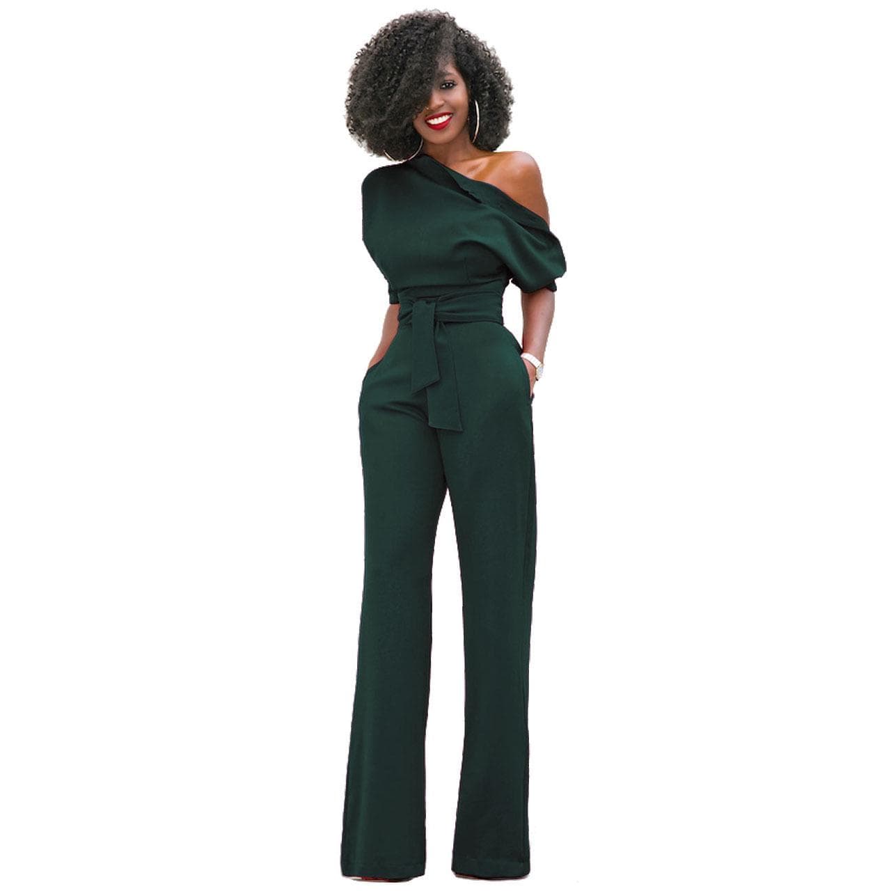 7 Color Women's Fashion Solid Color Slanted Collar Button-up Jumpsuit Wide-leg Pants L