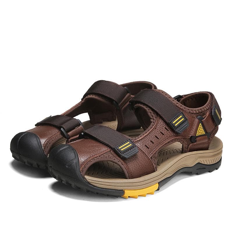 Men's Outdoor Top Layer Leather Large Size Beach Sandals Summer Casual Men's Vacation Beach Shoes Fashion Outdoor Non-Slip Beach Sandals 45 brown