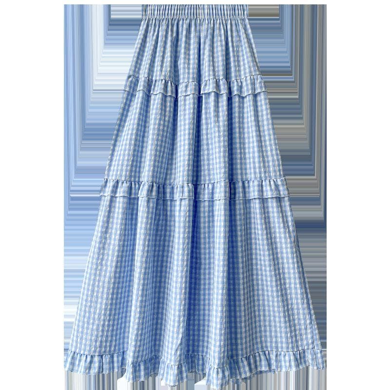 Sweet Midi-length Skirt for The Spring In Summer, New High-waisted Slim A-line Umbrella Skirt Cake Skirt XL blue