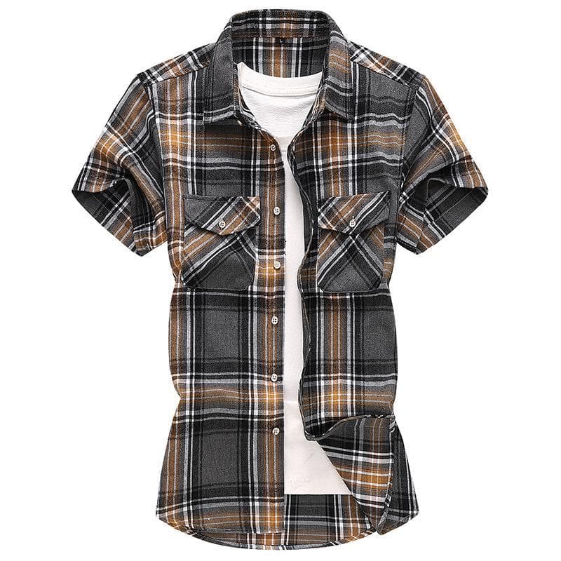 2023 Men's Plaid Casual Short Sleeve Shirt with Double Pockets - Summer Fashion, Large Size XL