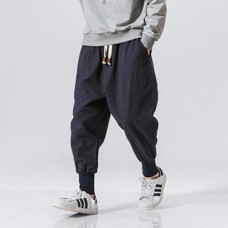 Cotton Linen Harem Pants Men Solid Elastic Waist Streetwear Joggers 2022 New Baggy Drop-crotch Pants Casual Trousers Men L