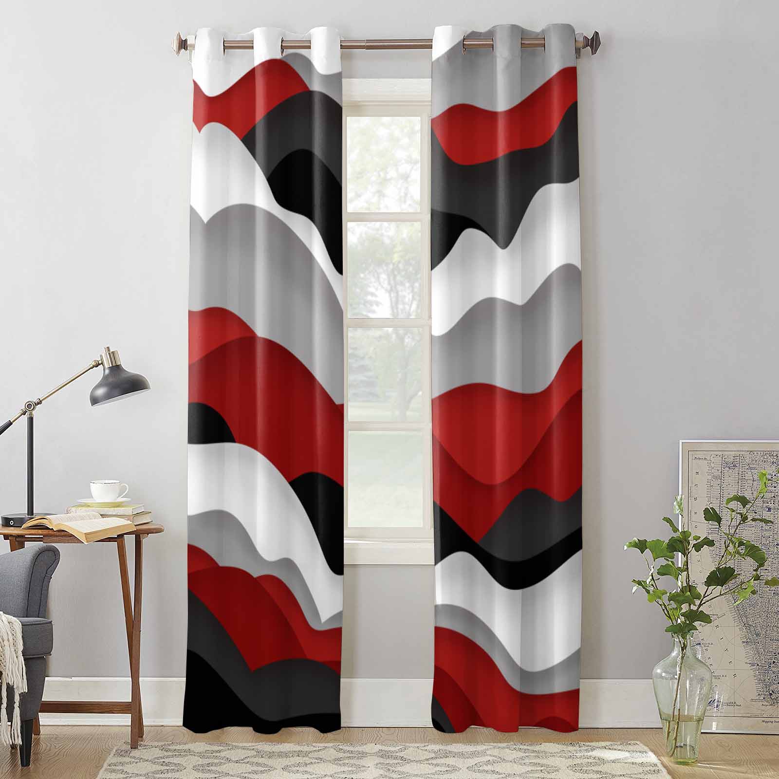 Waves Black Red Gradient Window Curtains for Living Room Luxury Bedroom Curtain Kitchen Blinds Drapes Curtains 135W x 60H(cm) x1
