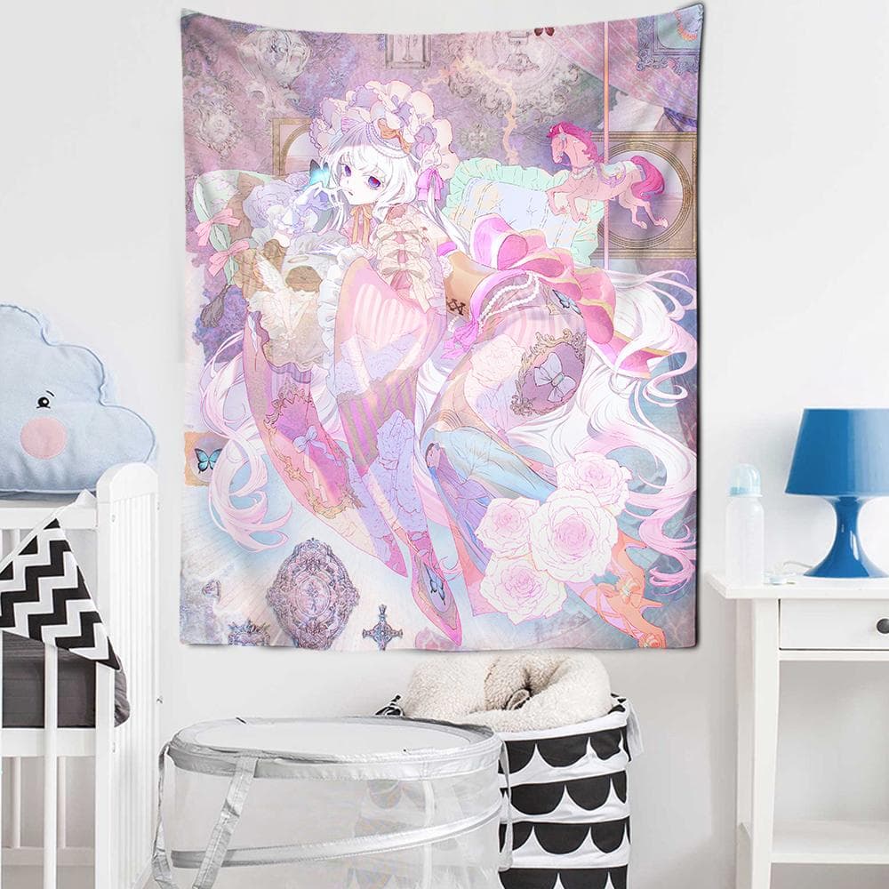 Japanese Animation Tapestry Mandala Carpet Cartoon Tarot Girl Kimono Wall Carpet Kawai Decoration Wall Hanging 95x70CM