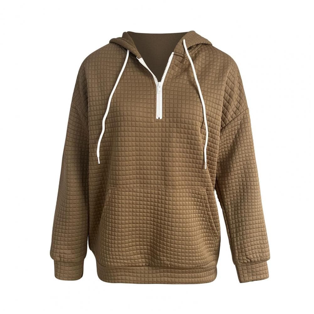 Women Fall Winter Hoodie Drawstring Loose Pullover Long Sleeve Waffle Texture Casual Soft Warm Zipper Decor Hooded Sweatshirts w XL coffee