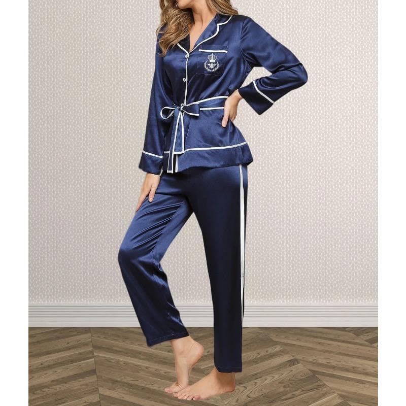 Mulberry Silk Women's Nightgown Pajamas Pocket Long Sleeve Women's Casual Nightgown Pants 2 Pieces Silk Belt Women's Sleeping Nightgown 2XL