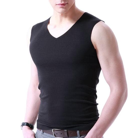 M Wardrobe Plus Size Men Sporty Solid Color Sleeveless V Neck Slim Seamless Vest Tank Top XXL black