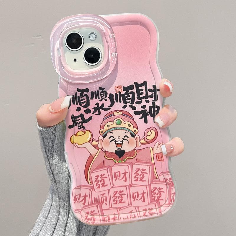 Pink God of Wealth Is Suitable for IPhone16 IPhone Case 15 Promax Double Bracket 14 Silicone 13 Chinese Style 12 Redmi K40/K40 Pro