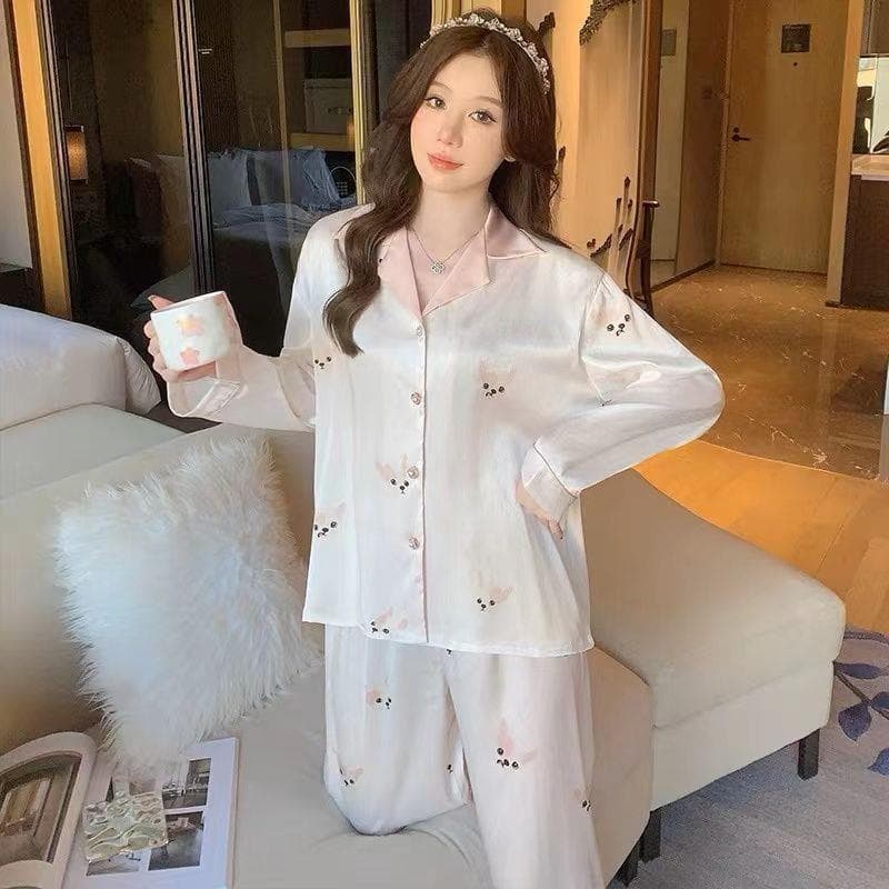 Maternity 2-Piece Set of Ice Silk Pajamas Comfortable Silk Long-Sleeved Trousers Herringbone Pattern Jacquard Silk Loungewear M