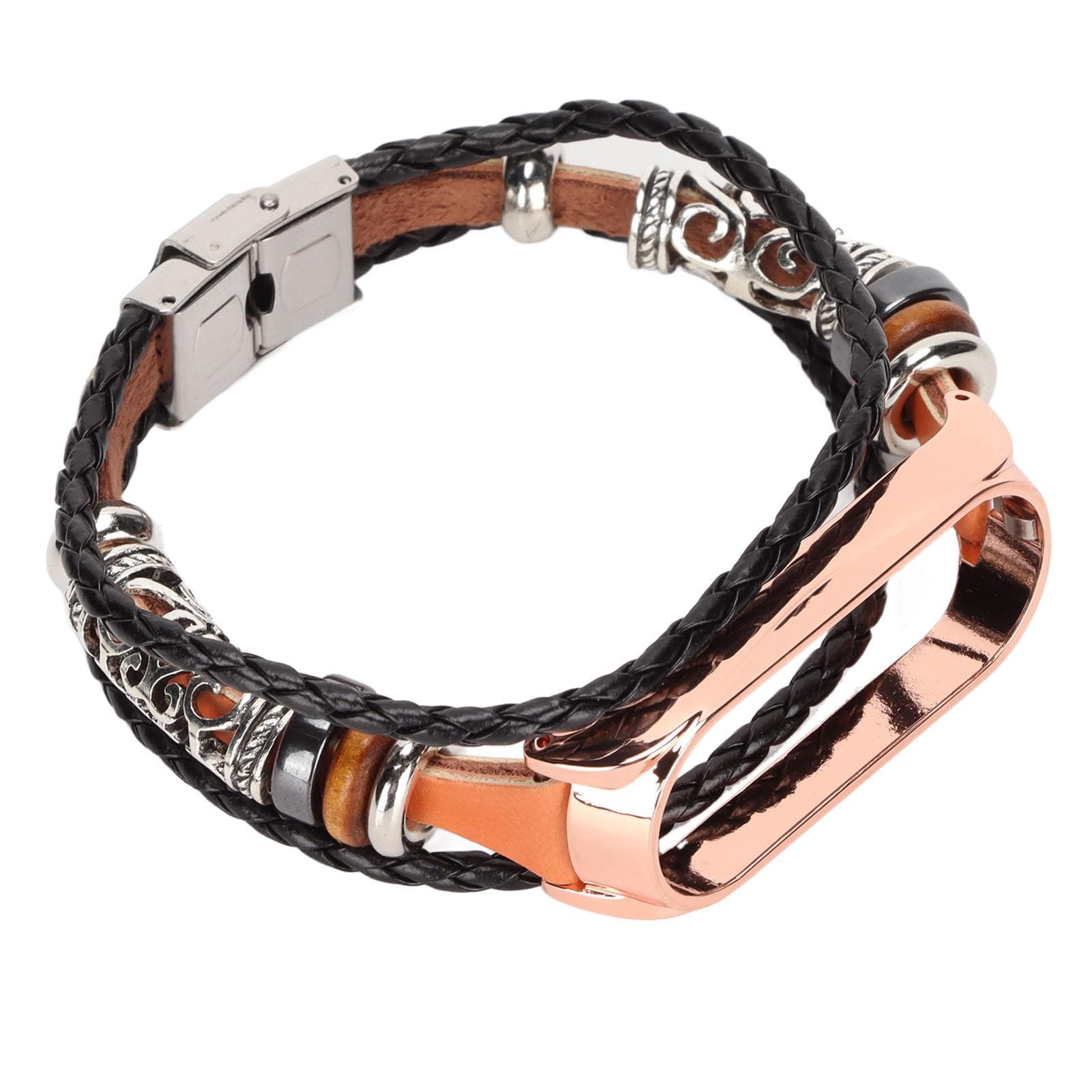 Smartwatch Band Leather Watch Wrist Strap Replacement Vintage Style for Mi Band 6 5 NFC(Brown Gold )