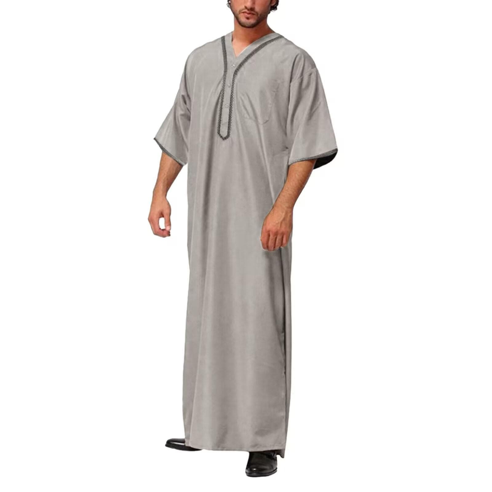Men Muslim Islamic Kaftan Arab Vintage Middle Sleeve Thobe Robe Loose Dubai Saudi long top XXL