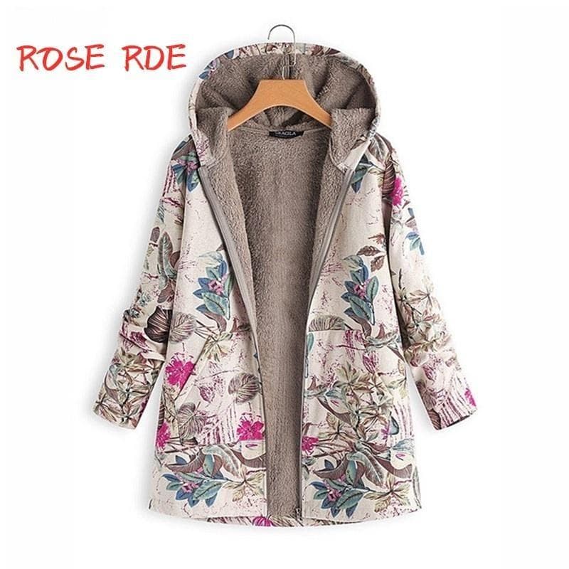 Vintage Coats Zipper Hoodie Long Sleeve Manteaux Dames Casual Women Warm Pocket Floral Fleece Jacket 5XL pink