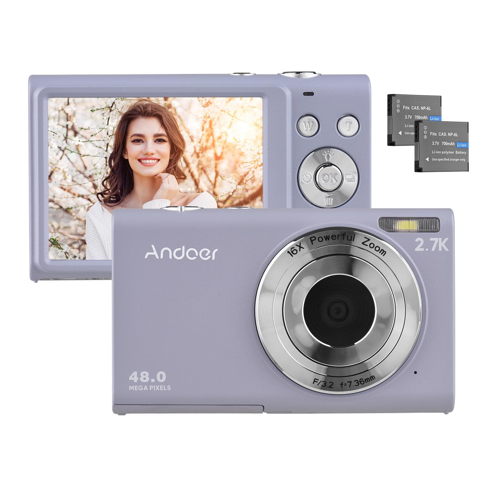 Andoer 2.7K Digital Camera Compact Video Camcorder 48MP Auto Focus 2.88 Inch IPS Screen 16X Zoom purple