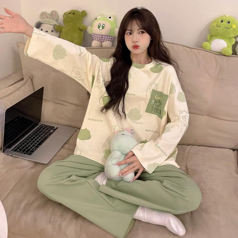 Green Bear Women Pajamas Sets Autumn Winter Long Sleeves Long Pants Cute Pyjamas Kawaii Pijamas Cozy Sleepwear Girls Pjs Soft Pj 2XL