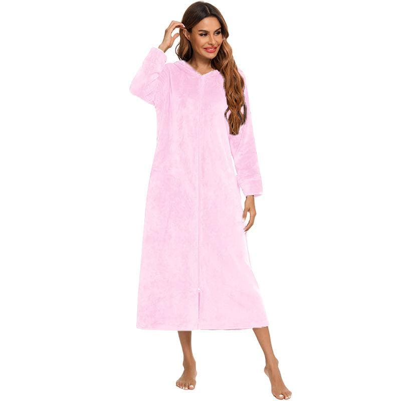 Women's Zip Up Plush Fleece Robe Hooded Warm Long Bathrobe Dressing Gown Winter Cozy Zipper Lounger Sleepwear Housecoat Loungewear Nightgown XXL pink