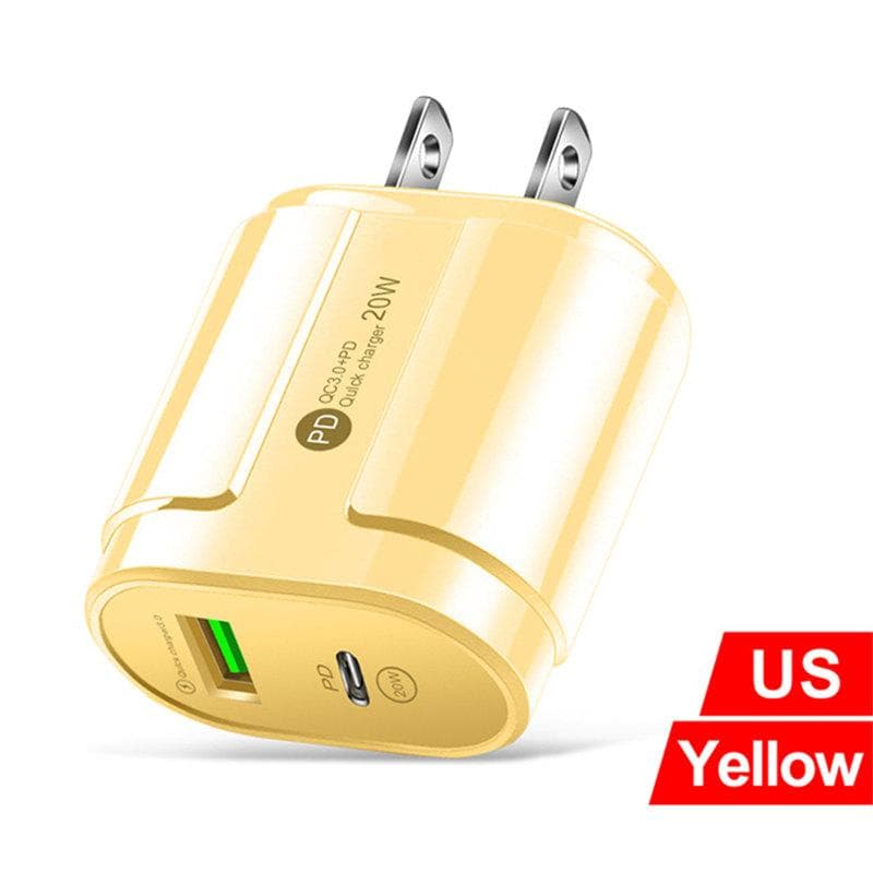 20W PD USB 5V 2A C Charger Dual Ports Wall Fast Charging Type-C Phone Adapter For iPhone 14 13 11 Pro iPad Huawei Xiaomi Samsung US Plug yellow