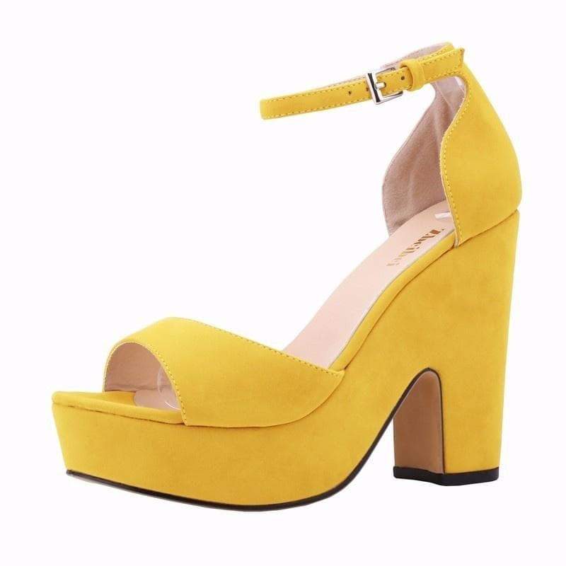 Summer Ankle Strap Sandal 12cm Women Pumps Sexy Peep Toe Square High Heels Woman Shoes Flock Platform Wedding Shoes 42 yellow