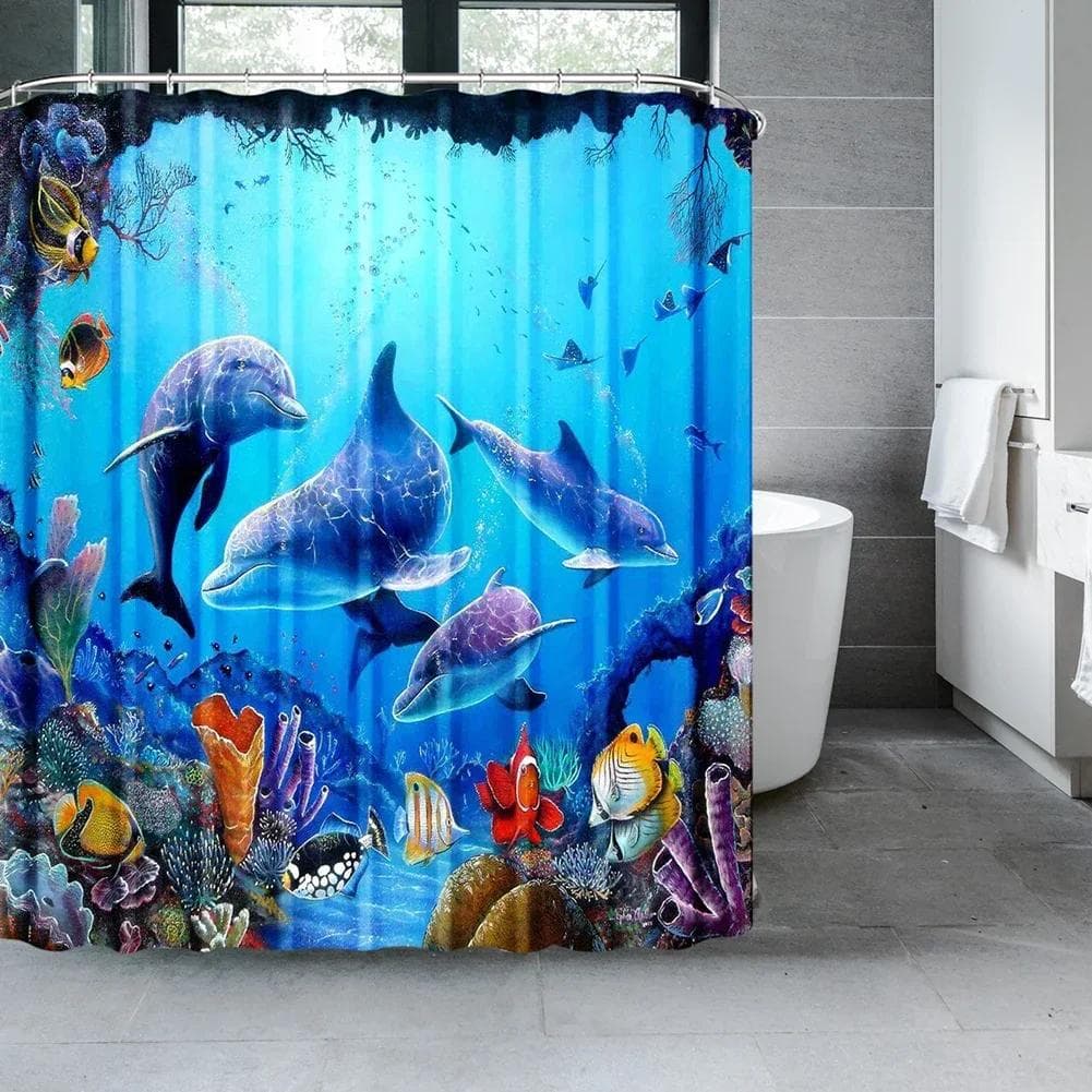 Ocean Underwater World Shower Curtains Set Dolphin Animal Cheerful Marine Life Scenery Polyester Fabric for Kids Bathroom Decor W180xH180cm
