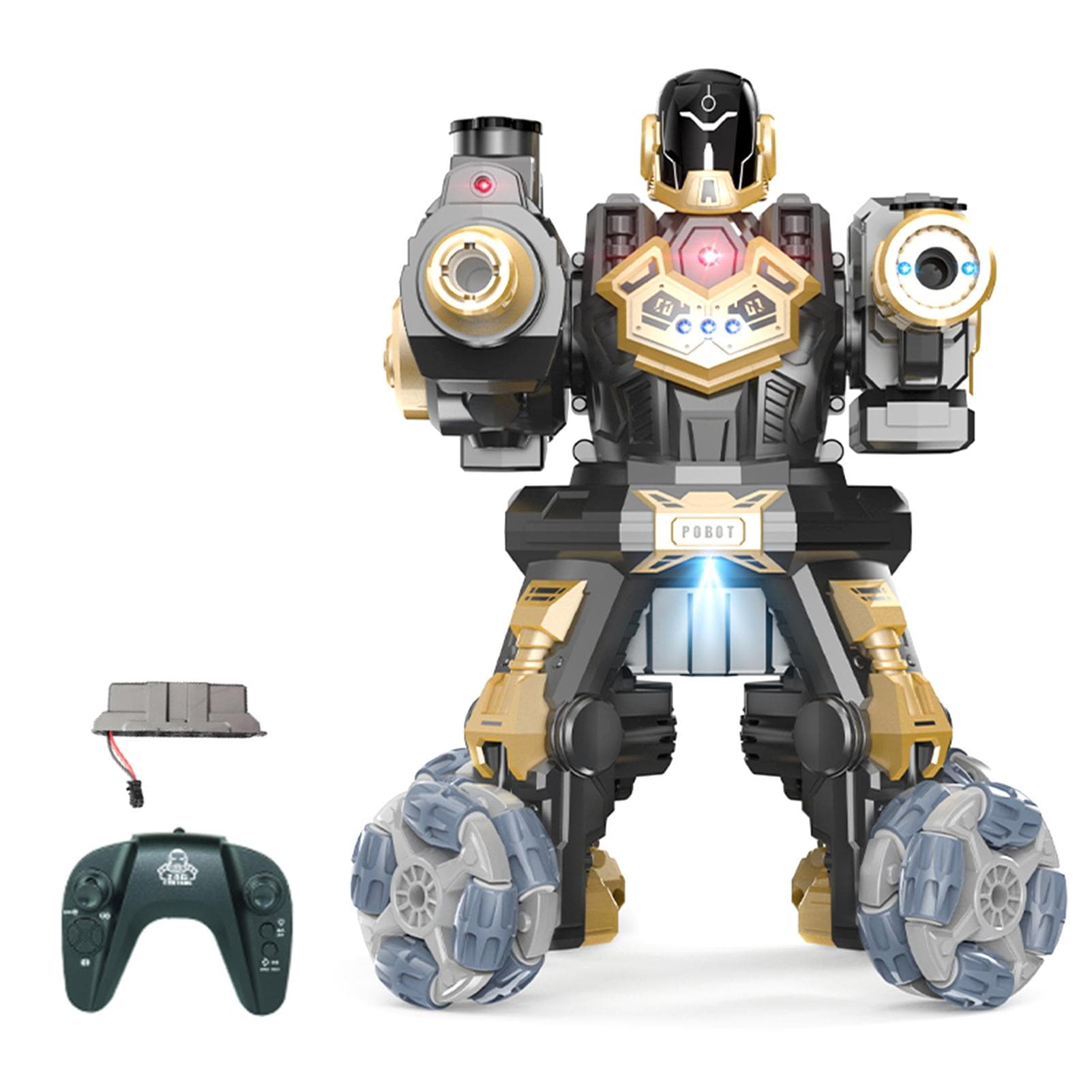 Robot Toy, 2.4G Remote Control Robot 4 Wheel Drive Water Bomb Spray Robot Toy with Lights Music 2 1 Remote Control gold