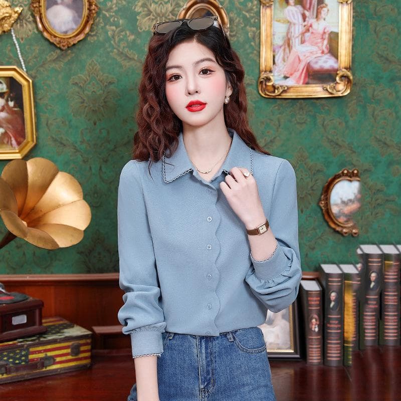 Retro Long-sleeved Shirt for Women In Winter New Chic Design Niche Polo Collar Commuting Top 2XL