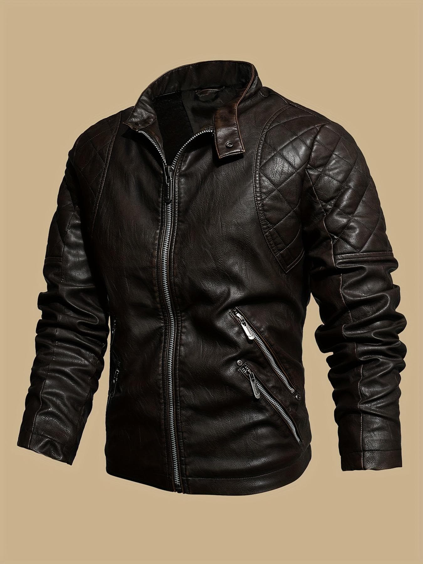 Men's Vintage Faux Leather Biker Jacket - Windproof, Warm Fleece-Lined, Multi-Pocket, Zip-Up with Embroidered Diamond Quilted Design, Adjustable Cuffs XXXXL