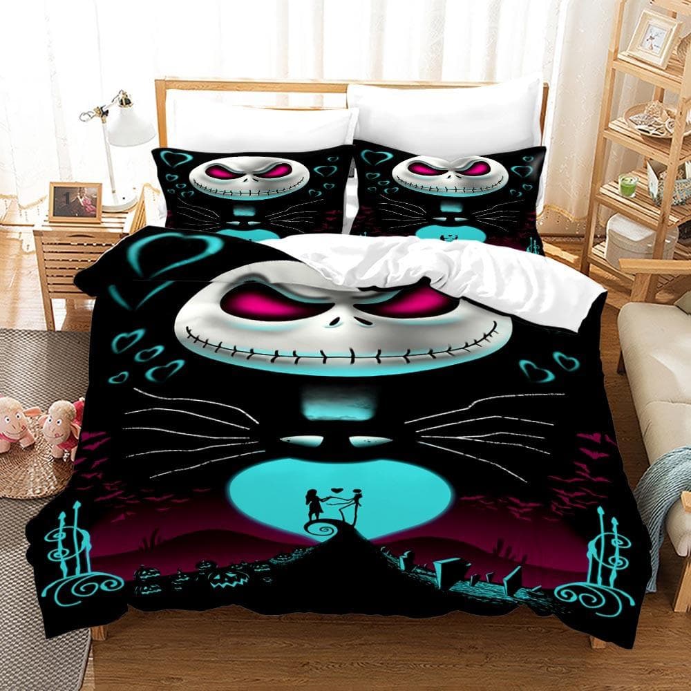 3pcs Queen Size Duvet Cover Sets, Nightmare Before Christmas Jack and Sally Rose Decor Bedding Set 2/3pcs Polyester Quilt Cover 70x133cm 2pcs