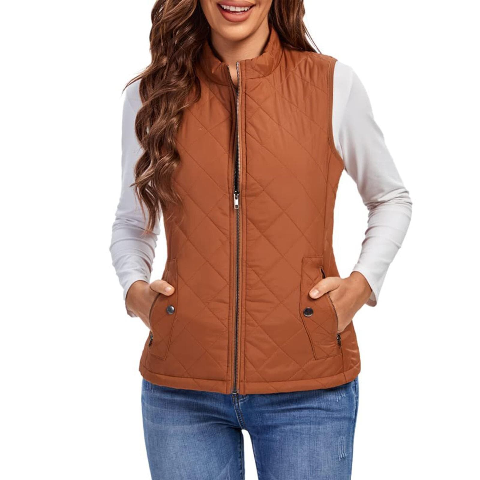 Women's Fashion Casual Solid Color Stand Collar Zipper Pocket Warm Cotton Vest Coat M orange