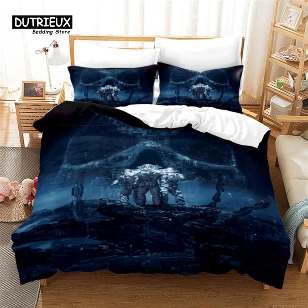 Skull Duvet Cover Microfiber Horror Theme Bedding Set Grunge Scary Skulls Sketchy Graveyard Death Evil Face Full Comforter Cover EU single(135x200cm)