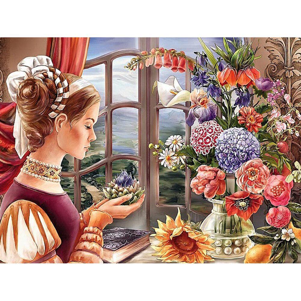 5D DIY Diamond Painting Full Drill Portrait Diamond Embroidery Girl Flower Crystal Bead Picture 20X30CM