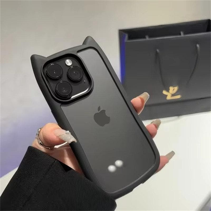 Cute Cat Ear Transparent Case For iPhone 12 13 14 15 16 Pro Max 11 Shockproof Hard Acrylic Back Cover Soft Silicone Kawaii Funda iPhone 12 black