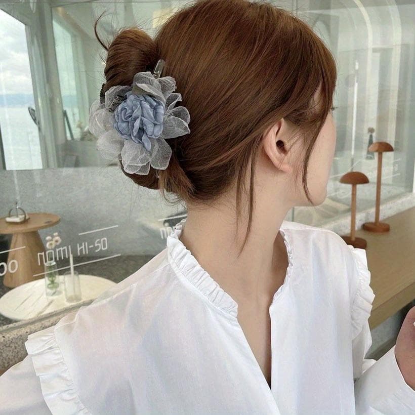 1Pc, literary temperament mesh flower grab clip, about 12cm long, hair grab on the back of the head, transparent large shark clip B