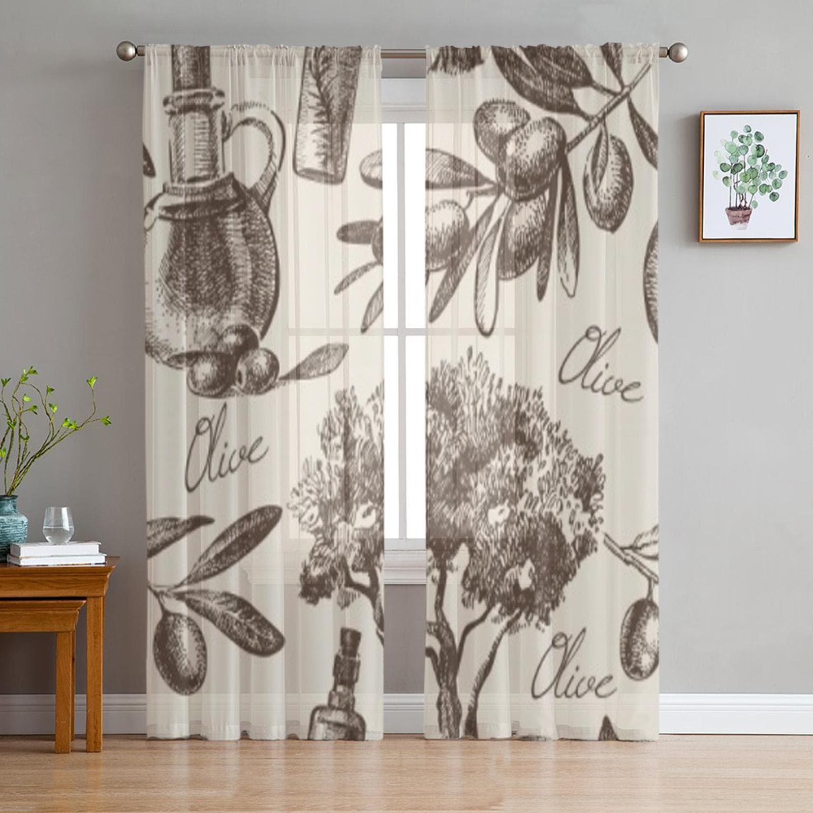 Vintage Olive Sheer Curtains for Living Room Transparent Tulle Window Treatments Bedroom Kitchen Home Decor Veil Drapes 135W x 114H(cm)