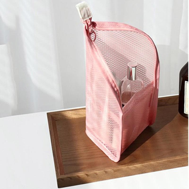 1 Pc Folding Zipper Travel Makeup Brush Bag Portable Mesh Cosmetic Bag Travel Makeup Bag Toothbrush Washing Organizer pink