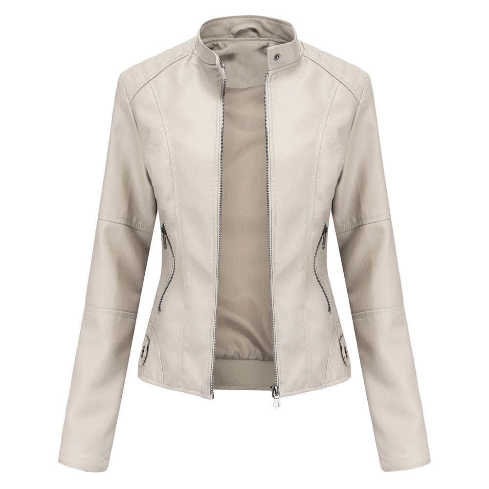 Women's Leather Jacket Women's Slim Jacket Thin Spring and Autumn Jacket Women's Motorcycle Jacket Large Size Stand Collar Leather Jacket XS