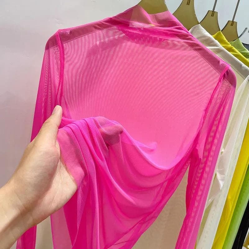 Perspective Transparent Mesh Bottom Shirt Women's Summer Long Sleeve Blouse Solid Gauze Sunscreen Clothing Ultra-thin Half High Collar Top L Rose