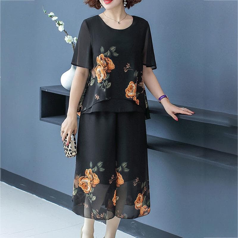 Middle-aged Women's Plus Size 2pcs Chiffon Shirt Pants Suit Spring and Summer Short Sleeve Loose Casual Printing Two-piece Set 5XL yellow