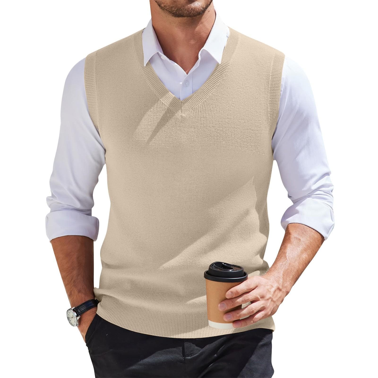 Men's V-neck Vest Sleeveless Knitted Pullover S beige
