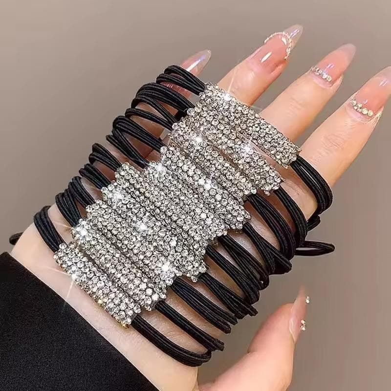 10Pcs Rhinestone Hair Tie High Elasticity Hair Rope Women's Hair Accessories Suitable for Ladies Girls 10PCS black