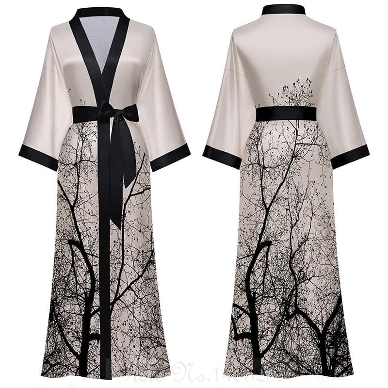 Chinese Style Print Women Long Robe Nightgown Retro Satin Sleepwear Nightdress Half Sleeve Kimono Bathrobe Gown Loose Home Wear One size