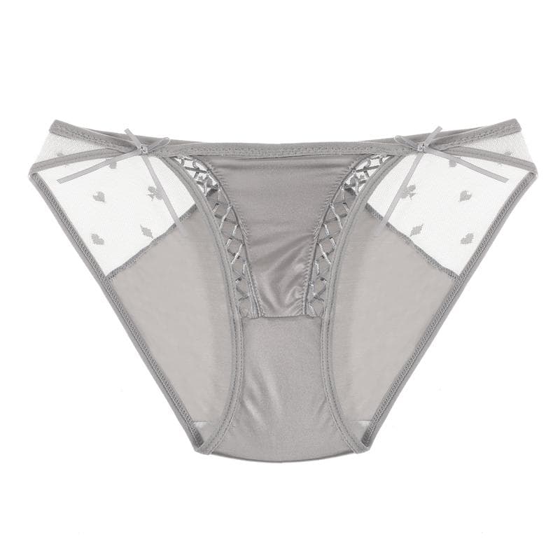 TERMEZY Sexy Women Panties Mesh Splice Lace Underpants With Bow Tie Low-Rise Briefs Ice Silk Soft Breathable Lingerie L grey