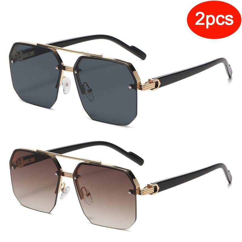2pcs Metal Half Frame Sunglasses UV400 Gradient Lens Protective Men Rice Nails Glasses Trendy Casual Eyewear