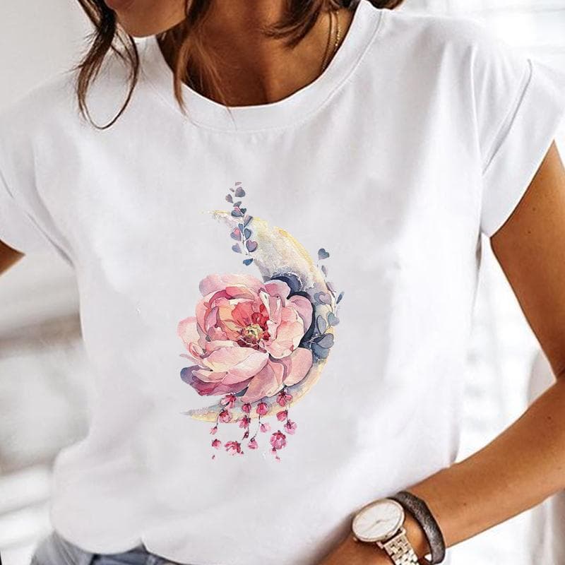 Women Short Sleeve Flower Watercolor Trend 90s Cute Print Tee Top Summer Fashion Tshirt Clothing Casual Lady Female Graphic T-shirt XXXXL