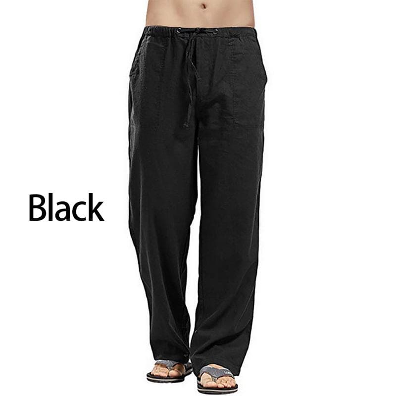 Men's Cotton Linen Pants Loose Cool Casual Long Pants Elastic Waist Long Pant Casual Large Size Streetwear Lightweight Trousers XXL black